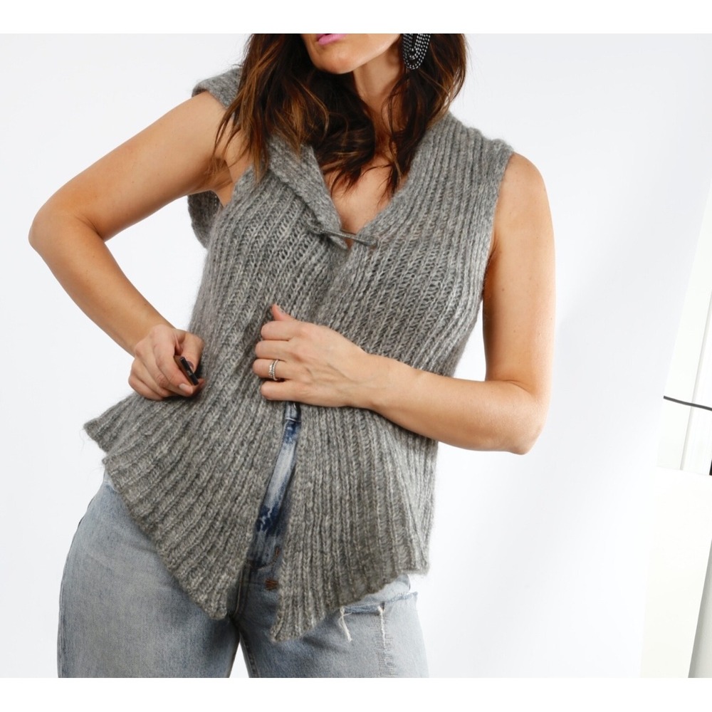 Eileen Fisher Hooded Mohair‎ Wool Knit Vest Sleeveless Sweater Gray Medium